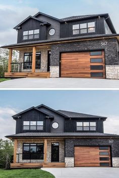 two pictures of the same house with different windows and doors on each side, one is black