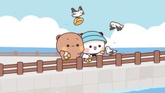 two cartoon characters are standing on a bridge near the water and seagulls flying over them