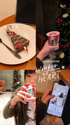 four different pictures show people eating, drinking and using their cell phones in front of a christmas tree