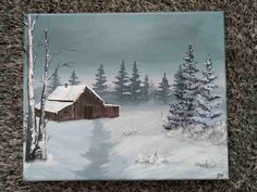 a painting of a snowy cabin in the woods