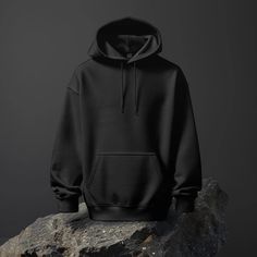 Mockup of Black Hoodie with Drawstrings on a Rock with a Plain Dark Grey Background Digital File Download. Hip Hop Style Hooded Hoodie, Solid Techwear Hoodie With Adjustable Hood, Black Techwear Fleece Hoodie, Black Fleece Techwear Hoodie, Black Hoodie With Kangaroo Pocket For Fall, Black Techwear Sweatshirt With Drawstring Hood, Black Techwear Fleece Sweatshirt, Black Fleece Techwear Sweatshirt, Hip Hop Black Sweatshirt With Double-lined Hood