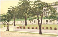 an old postcard shows the front of a white building with palm trees