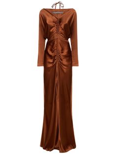 Gathered front panel with adjustable drawstring. Front cutout. Front slit at hem. Model is wearing a size36 Midi Dress Brown, City Dress, Satin Midi Dress, Alberta Ferretti, Summer Beach Wear, Shearling Jacket, Dress Cuts, Batwing Sleeve, Denim Dress