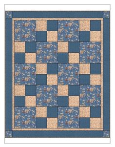 a blue and tan quilt with flowers on it's border, in the center