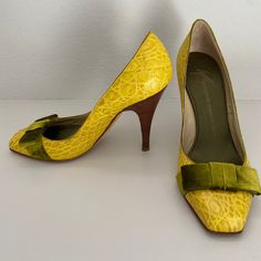 Stunning Barely Worn Pumps. Yellow Embossed With Olive Green Ribbon Bow Detail. Zanotti Shoes, Giuseppe Zanotti Shoes, Green Ribbon, Ribbon Bow, Bow Detail, Ribbon Bows, Giuseppe Zanotti, Green Yellow, Emboss