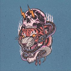 a drawing of a tiger with a skull on it's head and lightning coming out of its mouth