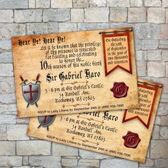 two medieval themed birthday party cards on a brick wall with red wax seal and scroll