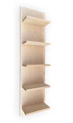 a wooden shelf with three shelves on each side and one section missing from the wall