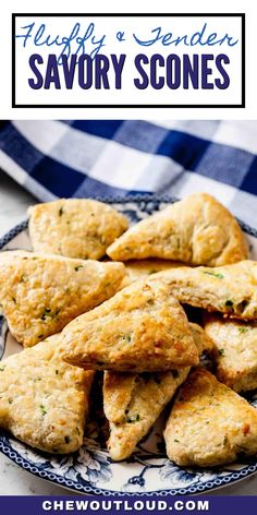 cheesy and tender savory scones on a plate with text overlay