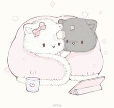 two cats cuddle together on a pillow next to a coffee cup and book, with stars in the background