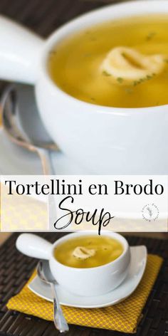 tortellini en brodo soup in a white bowl on a yellow placemat