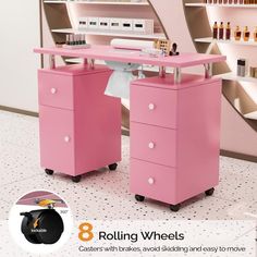 an advertisement for rolling wheels with pink furniture