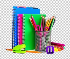 school supplies including pens and pencils in a cup, on a transparent background png clipart