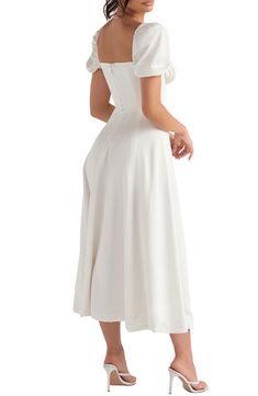 Freshen up your garden-party style in a stretch-poplin midi dress with puff sleeves, corsetry boning and a thigh-baring slit for a sweet, seductive vibe. Exclusive retailer 45 1/2" length Square neck Short sleeves Lined 65% cotton, 32% nylon, 3% elastane Dry clean Imported Puff Sleeve Midi Dress, Beautiful Figure, Engagement Dresses, Split Maxi Dress, House Of Cb, Graduation Outfit, Puffed Sleeves Dress, Sleeve Midi Dress, White Midi Dress