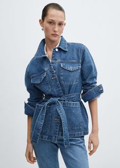 Denim jacket with belt -  Women | Mango USA Moda Denim, Straight Clothes, Oversized Denim Jacket, Belted Jacket, Blue Denim Jacket, Fashion Story, Women's Coats & Jackets, Shirts & Tops, Jacket Outfits