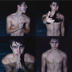 four pictures of a man in the water with his hand up to his mouth and fingers out