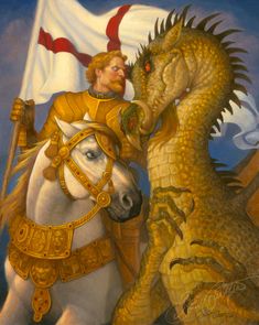 a painting of a man riding on the back of a white horse next to a dragon