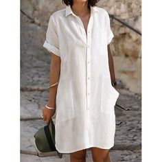 Season:Summer,Spring; Fabric:Linen; Sleeve Length:Short Sleeve; Look After Me:Machine wash; Gender:Women's; Style:Basic,Casual; Elasticity:Micro-elastic; Occasion:Formal,Vacation,Daily,Outdoor; Fit Type:Loose Fit; Dresses Type:Shirt Dress,Cotton Linen Dress,White Dress; Pattern:Pure Color; Design:Pocket,Button; Neckline:Shirt Collar; Front page:FF; Listing Date:04/25/2023; Production mode:External procurement; 2024 Trends:2023; Bust:; Length:; Shoulder Width:null; Waist:; Fit US Size:; Fit UK Size:; Fit EU Size:; Dress Length Type:Mini Dress; Print Type:non-printing; Fabric2:Cotton linen Formal Linen Dress, Dresses With Tennis Shoes, White Dress Shirt Women, Linen Dress Pattern, Linen Dress Summer, Dress Shirt Dress, White Dress Shirt, Plain Dress, Mini Dress Formal