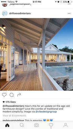 an outdoor deck with chairs and tables next to a swimming pool