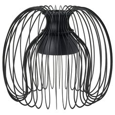 a black lamp that is hanging from the ceiling with wires attached to it's sides