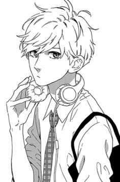 an anime character with headphones on and ear phones in his ears, looking to the side