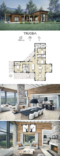 the floor plan for this modern house is shown in two different views, and shows what's inside it