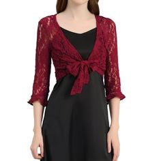 Give your look a glamorous upgrade with the Allegra K 3/4 Sleeve Lace Shrug Top. Exquisite all-over lace design adds feminine and elegant style to your look. It will be a perfect choice for dating, weddings, parties, or anniversary occasions. Model is wearing in size XS.(Height: 5'7", Chest: 32 1/4 inches, Waist: 24 3/8 inches, Hip: 33 7/8 inches, Weight: 100 lbs) Measurement (in inches) International Size----------Chest Girth----------Shoulder Width XS------------------------------34 5/8--------------------------14 5/8 S--------------------------------36 5/8--------------------------15 1/8 M-------------------------------38 5/8--------------------------15 5/8 L--------------------------------41 3/4--------------------------16 3/8 XL------------------------------44 7/8---------------------