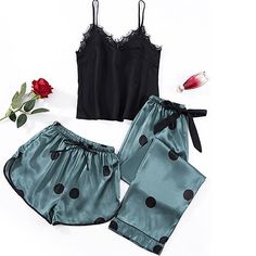 Season:Summer,Spring; Fabric:Satin,Silk; Sleeve Length:Sleeveless,Long Pant,Short Pant; Gender:Women's; Quantity:3 Pieces; Nightwear Style:Pajamas,Sets; Style:Comfort,Fashion; Elasticity:Micro-elastic; Tops Type:Strap Top; Occasion:Daily,Home,Bed; Function:Breathable; Pattern:Geometic; Design:Elastic Waist; Neckline:Straps; Bottom Type:Pant,Shorts; Listing Date:03/08/2024; Hips:; Length [Bottom]:; Length [Top]:; Waist:; Bust: Womens Matching Sets, Comfort Home, Basic Hoodie, Pajamas Sets, Women's Pajamas, Linen Shirt Dress, Womens Pyjama Sets, Pajama Set Women, Satin Silk