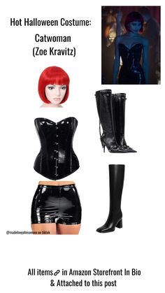 a woman in black latex outfit and boots with red hair, wearing high heeled boots