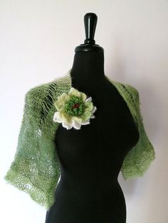 Apple Creen Color Lacy Acrylic Mohair Wool by KnitsomeStudio One Size Spring Wrap Shrug, Elegant Spring Wrap Shrug, Fitted Knitted Shrug For Spring, Elegant Spring Cardigan With Knit Fabrication, Elegant Green Shawl For Spring, One Size Green Shawl For Spring, Spring Knitted Shawl, Bolero Sleeves, Shoulder Shrug