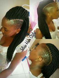 Mohawk box braids Mohawk Box Braids, Partial Braids, Braids Shaved Sides, Box Braids Shaved Sides, Mohawk Braids, Shaved Side, Mohawk Styles