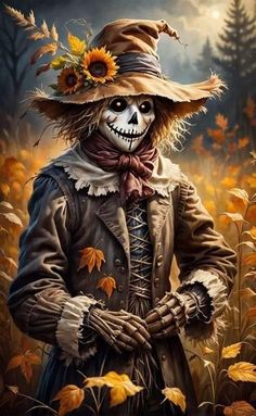 a painting of a skeleton wearing a scarecrow hat and holding his hands in his pockets