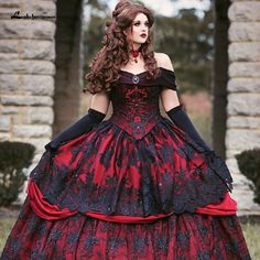 NumberSea - NumberSea Luxury Red and Black Wedding Dresses Vintage Lace Belle Gown, Gothic Gowns, Gaun Abad Pertengahan, Black Lace Wedding, Wedding Dress Black, Gothic Wedding Dress, Lace Wedding Dress Vintage, Fantasy Gowns, Wedding Gowns Vintage