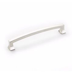 a stainless steel cabinet handle on a white background