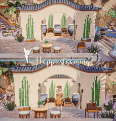 two pictures of a house with cactus trees and plants on the outside, one has a woman standing in front of it