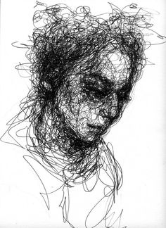 a black and white drawing of a woman's head with hair blowing in the wind