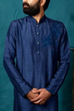 Shop for Nautanky - Men Blue Silk Kurta Set for Men Online at Aza Fashions Blue Floral Embroidered Bandhgala For Designer Wear, Indigo Kurta With Floral Embroidery For Eid, Indigo Floral Embroidered Kurta For Eid, Blue Chanderi Bandhgala Straight Kurta, Blue Bandhgala With Floral Embroidery For Diwali, Blue Bandhgala With Floral Embroidery, Blue Floral Embroidery Bandhgala For Diwali, Blue Churidar With Floral Embroidery And Long Sleeves, Blue Long Sleeve Churidar With Floral Embroidery