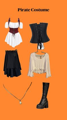 three different types of clothing on an orange background with the words pirate costume written below