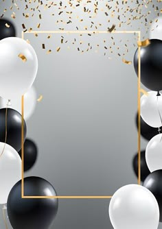 black and white balloons with gold foil confetti in the middle on a gray background