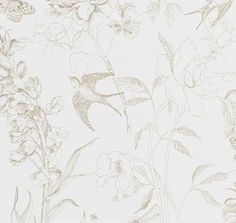 a drawing of birds and flowers on a white wallpaper with butterflies in the background