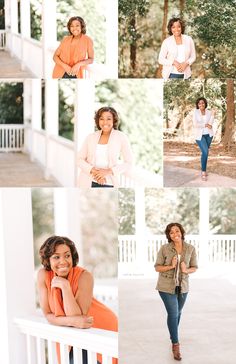 a woman in an orange shirt and jeans posing on a porch with her arms crossed