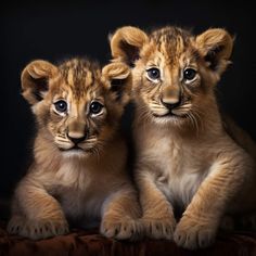 two young lion cubs sitting next to each other on a brown blanket in front of a black background