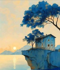 a painting of a house sitting on top of a cliff next to the ocean with a tree growing out of it