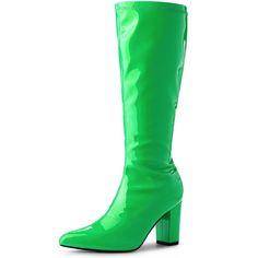 Step into the spotlight with the Perphy Women's Patent Leather Chunky Heels Knee High Go Go Boots. These boots are a modern nod to the vibrant disco era, perfect for those who love to make a style statement.

- Color: Green
- Size: 8
- Material: Vamp: Patent Leather; Outsole: Rubber; Heel: ABS
- Features: Pointed toe, zipper closure, block heel
- Heel Height: 3 1/3 inches

Crafted from glossy patent leather, these knee-high boots feature a sturdy block heel and a sleek pointed toe, complemented Modern Faux Leather Heeled Boots For Party, Retro Pointed Toe Boots, Retro Fitted High Heel Platform Boots, Green Platform Boots For Party, Trendy Party Boots Made Of Polyurethane, Retro Knee-high Winter Boots, Retro High Heel Fitted Boots, Trendy Patent Leather Knee-high Boots, Retro Spring Heeled Boots With Pointed Toe