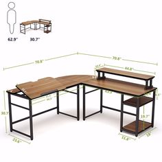 an office desk with two shelves and one shelf on each side, along with measurements for the table