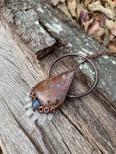 "This copper electroformed pendant features a beautiful Moss Agate cabochon with a mini Labradorite and mini Quartz Points What is electroforming?  Electroforming is the process of plating copper onto another medium, in this case, onto my hand-sculpted jewelry. It's a very scientific process that requires several steps and hours time in between, which means a piece of jewelry can take a minimum of an entire week to make! Your pendant will come standard on a medium length adjustable chain (~20-22 Electroformed Jewelry Alchemy With Soul - Electroformed Copper Crystal Macrame Jewelry, Bohemian Pendant Jewelry With Natural Inclusions, Earthy Electroformed Jewelry Gift, Unique Soldered Moonstone Jewelry, Earthy Hand Forged Pendant Jewelry, Electroformed Agate Pendant Necklace, Soldered Moonstone Pendant Necklace, Spiritual Soldered Moonstone Jewelry, Copper Electroformed Jewelry