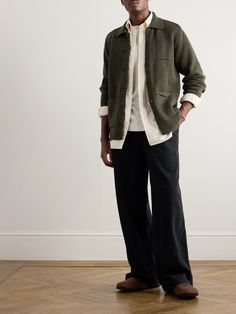 EXCLUSIVE AT MR PORTER. Inis Meáin's cardigan is inspired by the jackets once worn by carpenters on the Aran Islands. It's knitted from a merino wool and cashmere-blend and has workwear elements, such as patch pockets and saddle shoulders. Cardigan For Men, Aran Islands, Wardrobe Edit, Loungewear Shorts, Short Suit, Knitwear Cardigan, Suede Jacket, Clothes Collection, Mr Porter