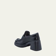 Miu Miu calf leather platform penny loafers 3.00 in / 75 mm block heel Round moc toe Notched vamp with keeper strap Slip-on style Rubber outsole Lining: Leather Made in Italy Heeled Penny Loafers, Miu Miu Flats, Block Heel Shoes, Footwear Design Women, Penny Loafers, Leather Heels, Miu Miu, Calf Leather, Designer Shoes