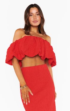 Maria Top ~ Red Scrunch Off-shoulder Crop Top With Smocked Bodice, Summer Off-shoulder Crop Top For Vacation, Chic Off-shoulder Crop Top With Ruffles, Off-shoulder Ruffle Crop Top For Day Out, Off-shoulder Tube Top For Brunch, Flirty Off-shoulder Top For Summer, Summer Off-shoulder Tube Top With Ruffles, Off-shoulder Ruffled Tube Top For Day Out, Off-shoulder Ruched Crop Top For Party