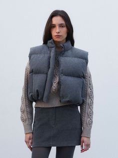 Winter Outerwear With Padded Shoulders, Cozy Recycled Wool Outerwear For Winter, Cozy Recycled Wool Winter Outerwear, Winter Workwear Outerwear With Padded Shoulders, Cozy Gray Wool Outerwear, Gray Tweed Outerwear For Fall, Padded Vest, Women Wear, Wool